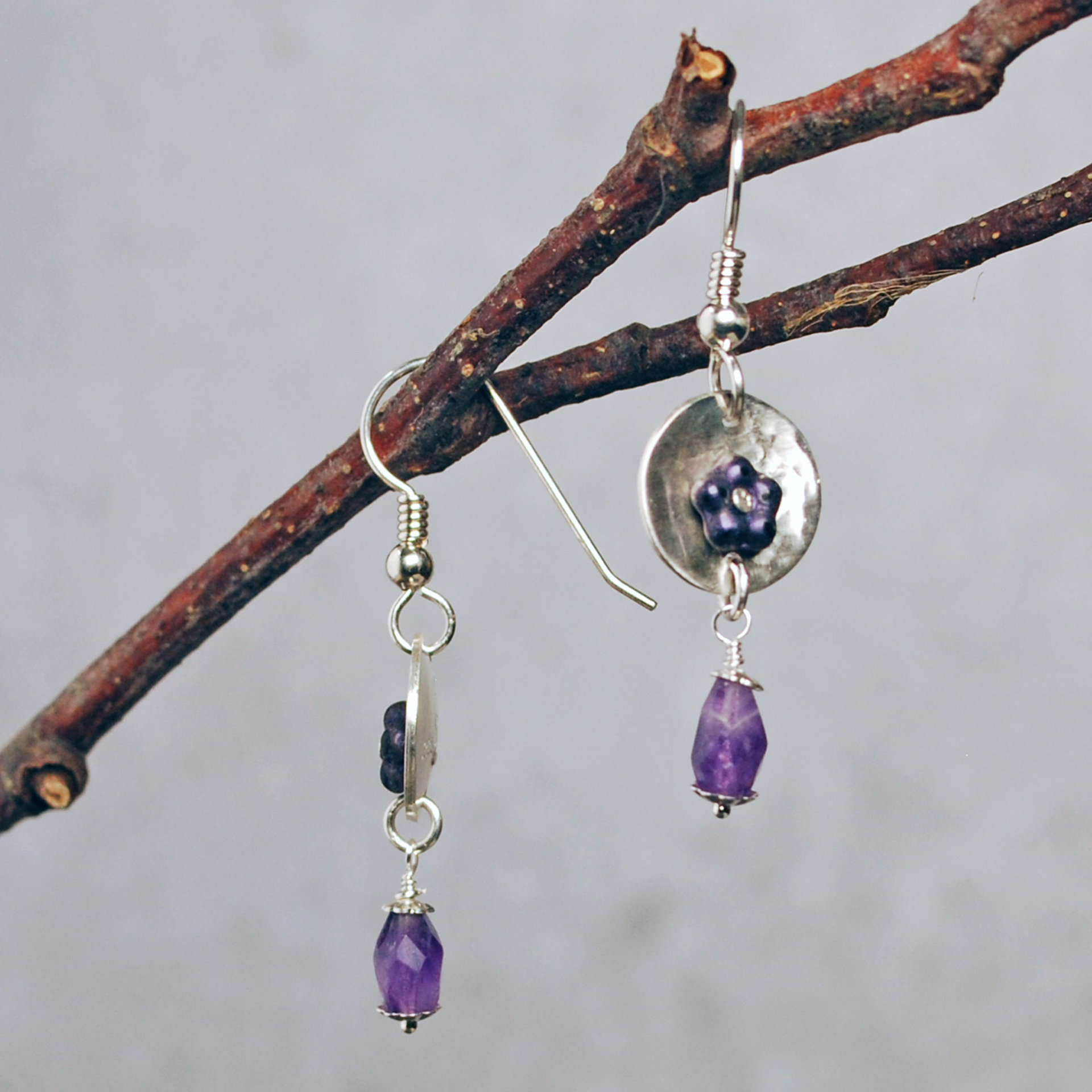 Silver Amethyst Beaded Riveted Earrings