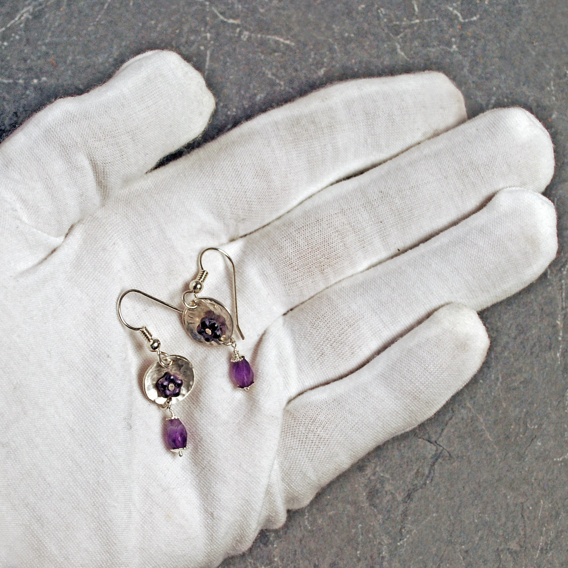 Silver Amethyst Beaded Riveted Earrings
