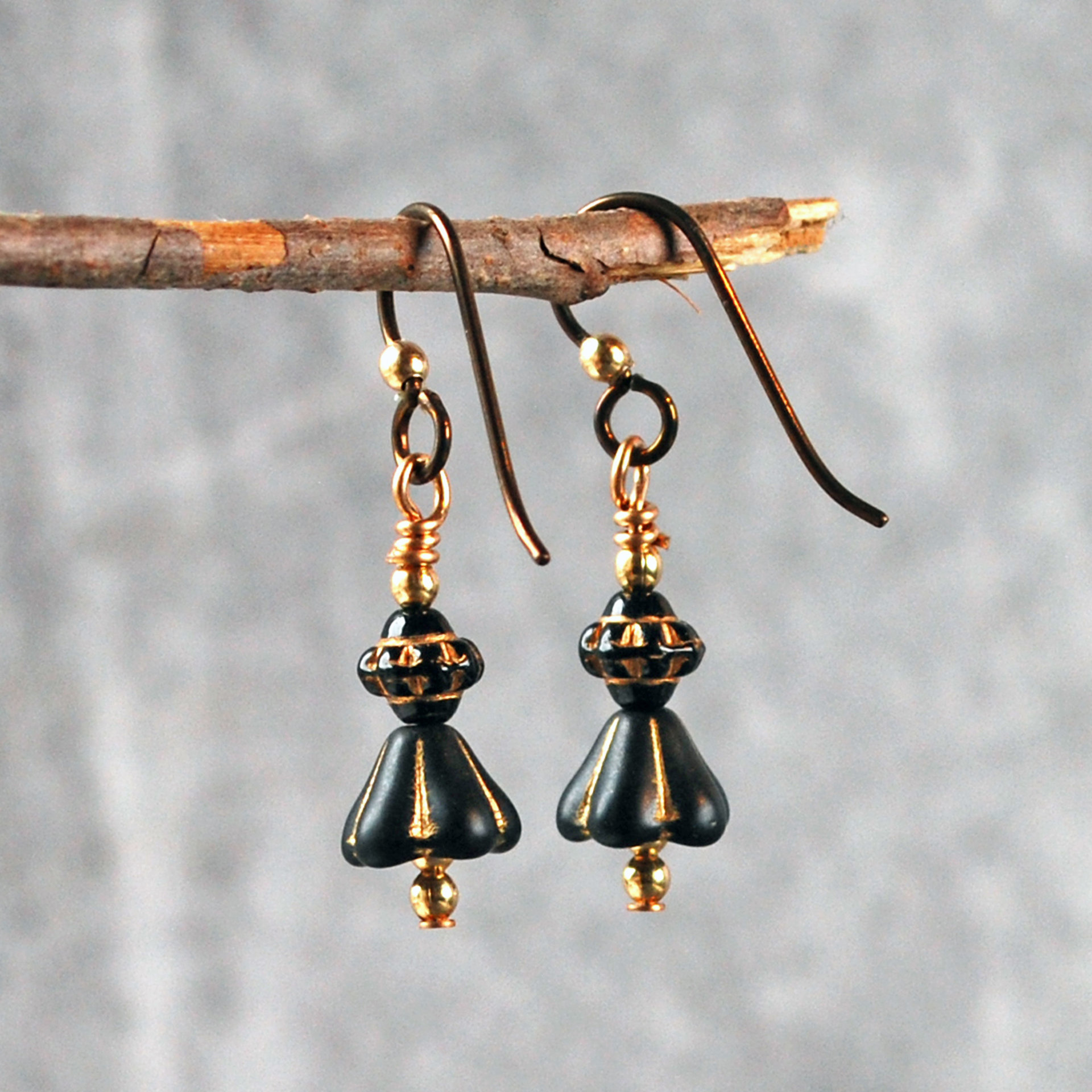 Czech Glass Earrings, Black and Gold