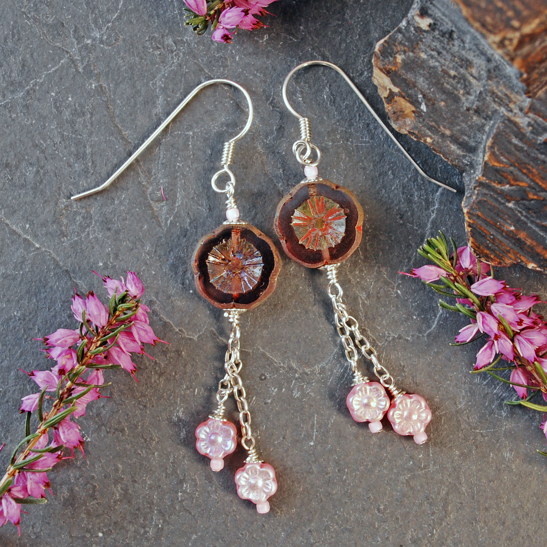 Long Silver and Pink Flower Earrings-Czech Glass 