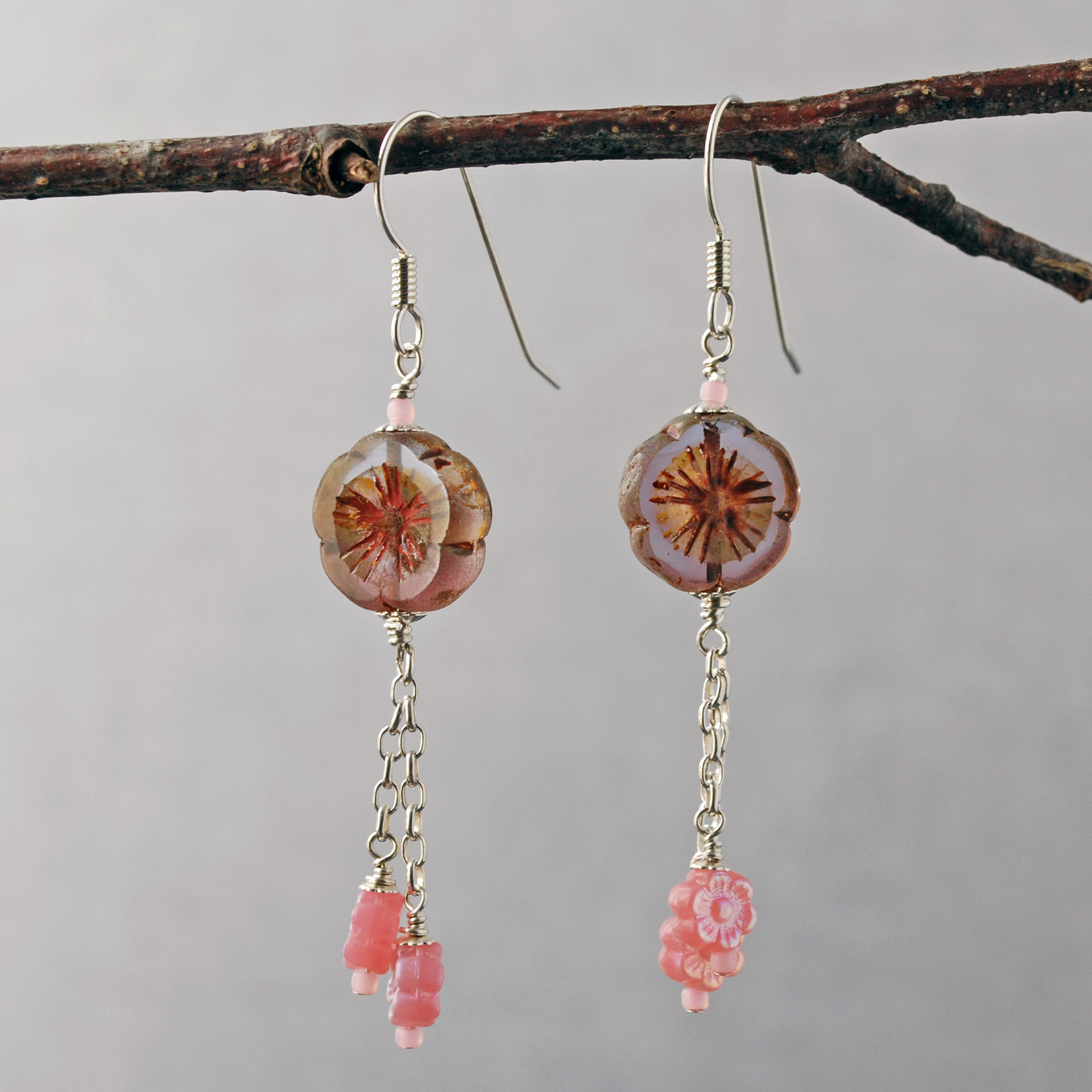 Long Silver and Pink Flower Earrings-Czech Glass 