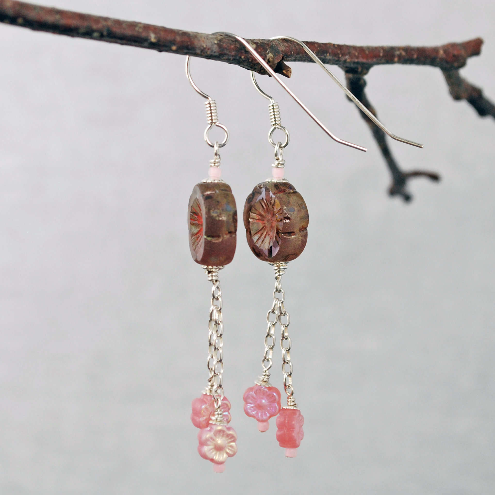 Long Silver and Pink Flower Earrings-Czech Glass 