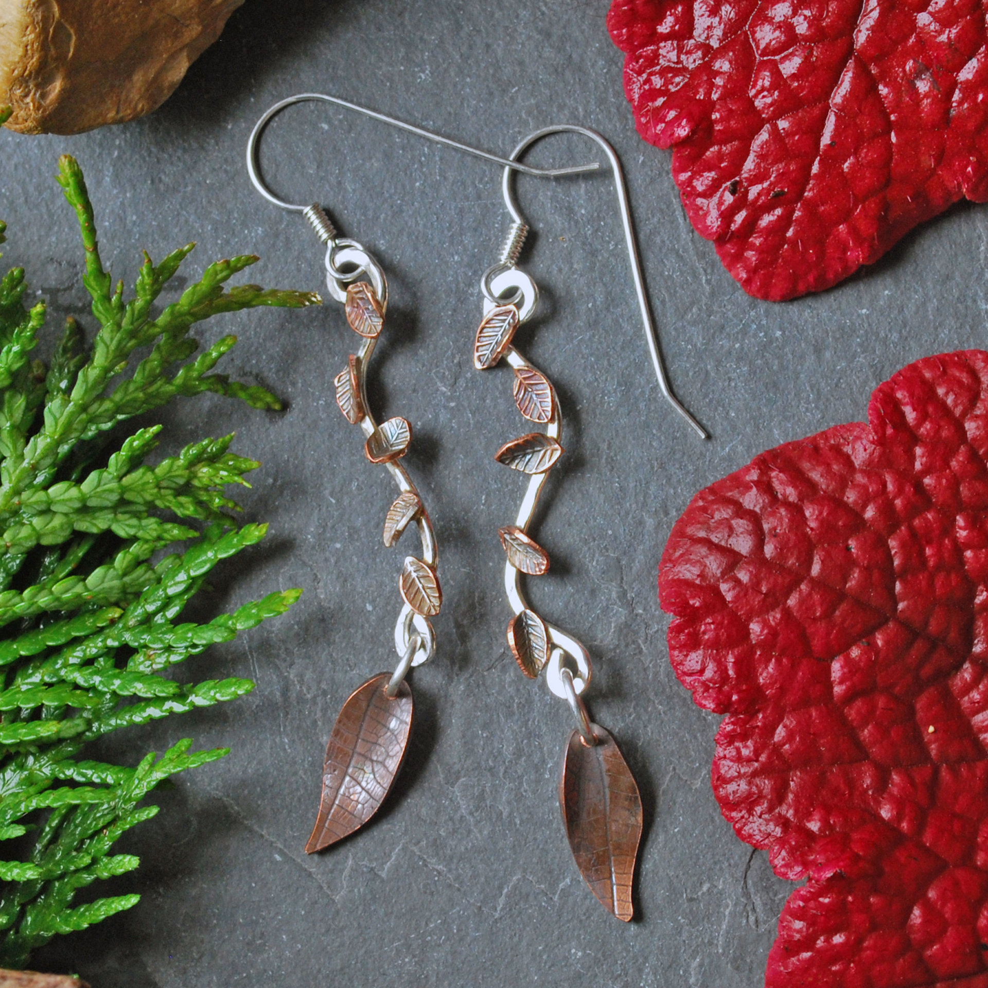 Long Silver Earrings with Copper Leaves
