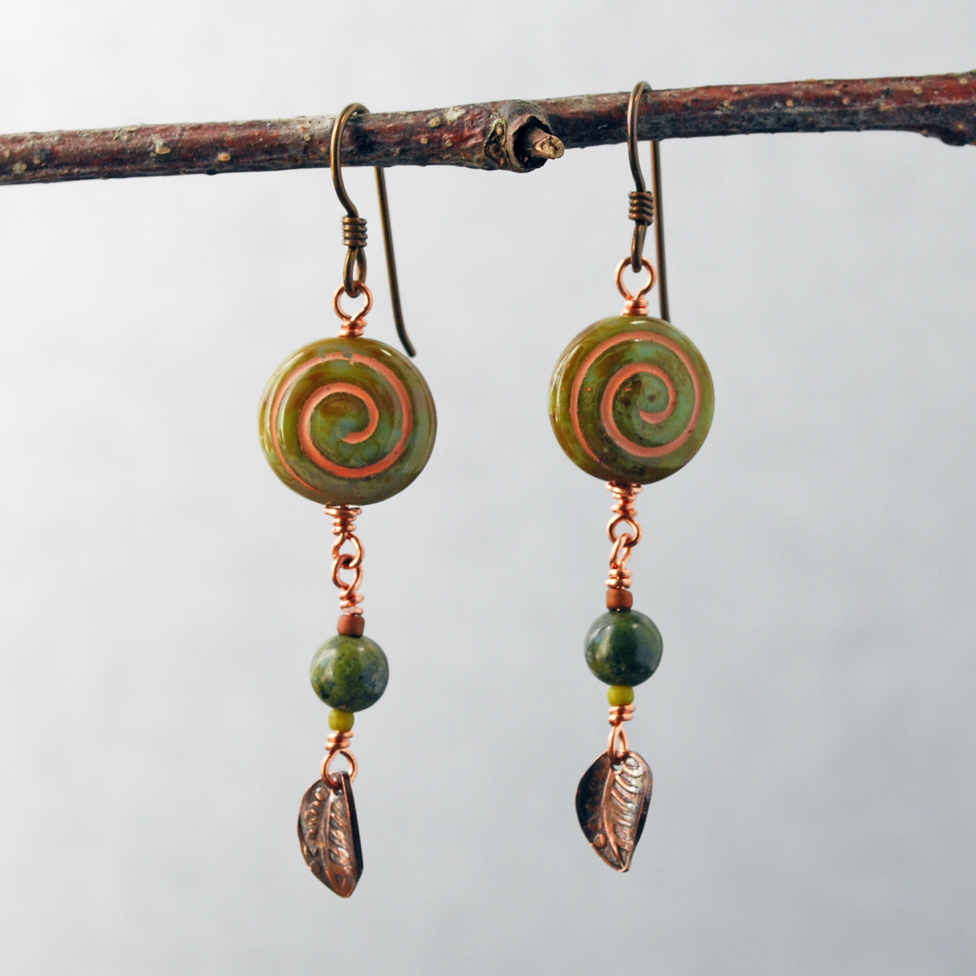Czech Glass Spiral Earrings with Copper Leaves, Serpentine