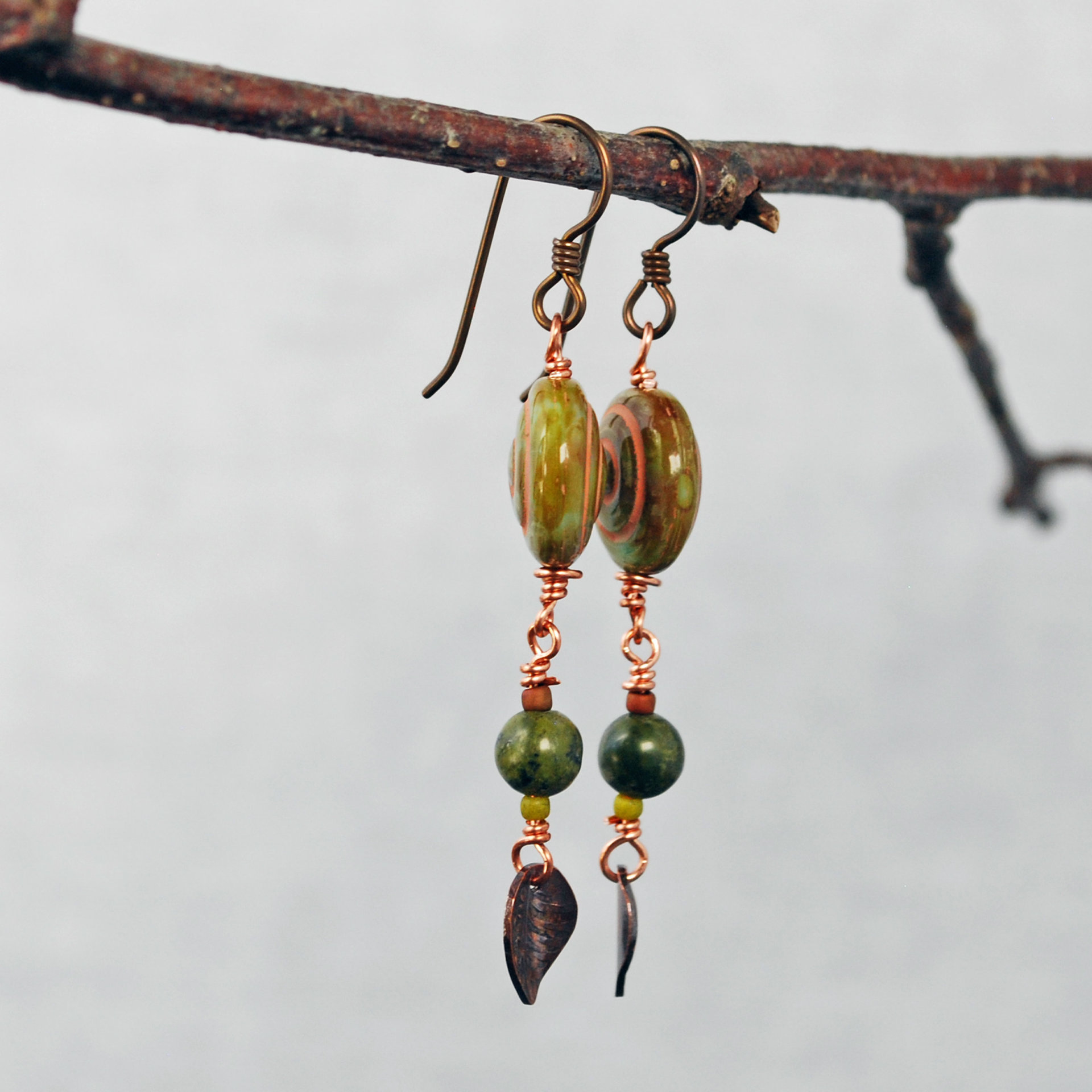 Czech Glass Spiral Earrings with Copper Leaves, Serpentine