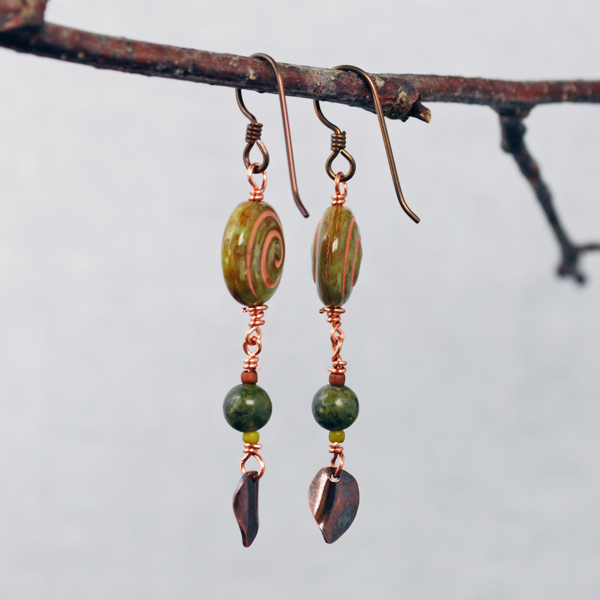 Czech Glass Spiral Earrings with Copper Leaves, Serpentine