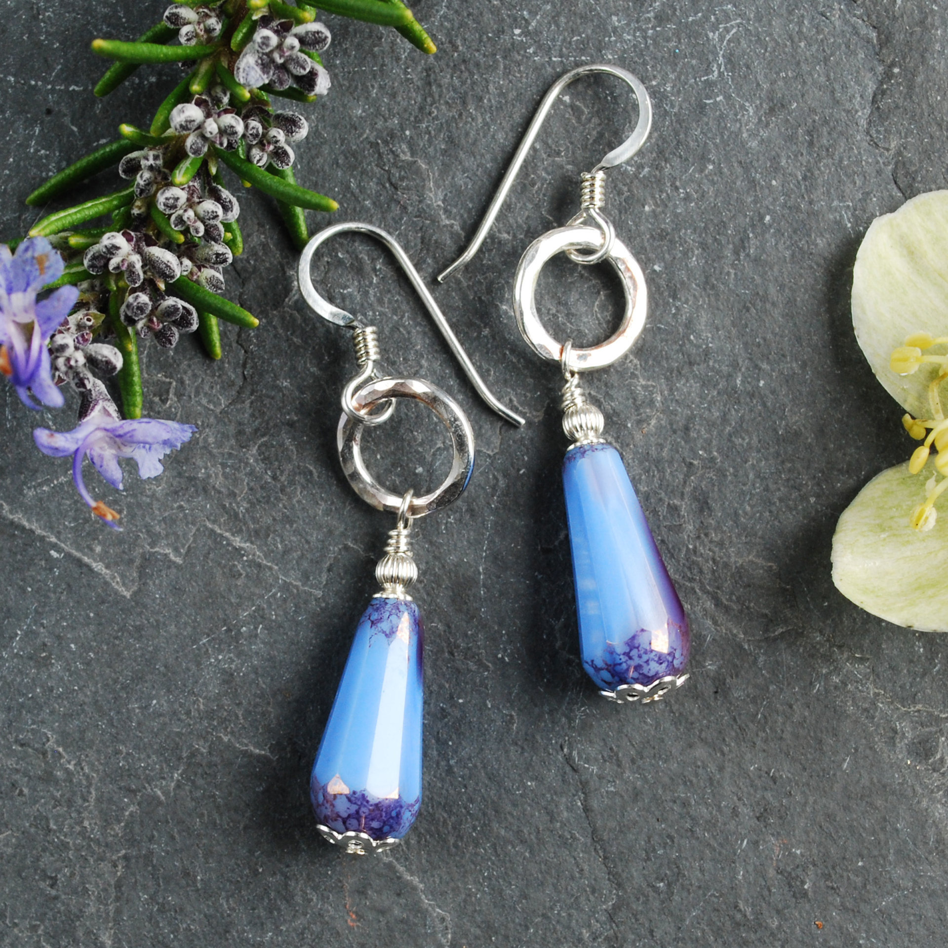 Silver, Blue Czech Glass Drop Earrings