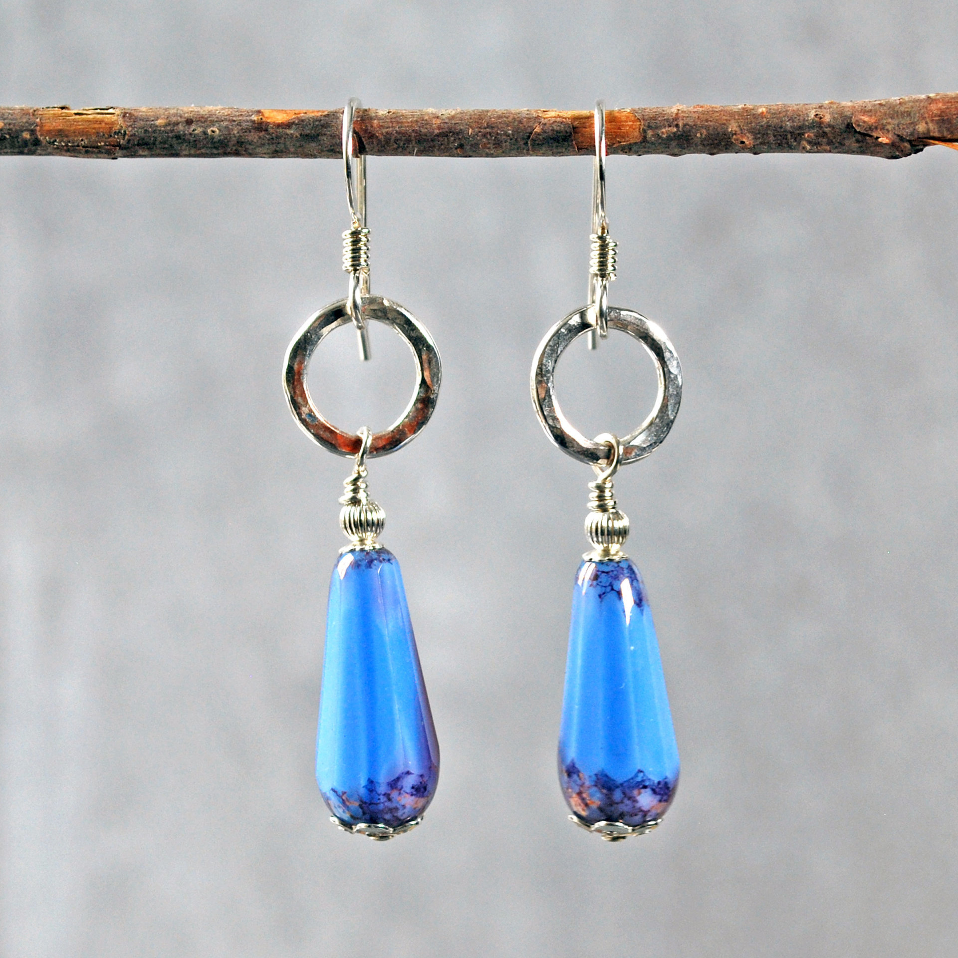 Silver, Blue Czech Glass Drop Earrings