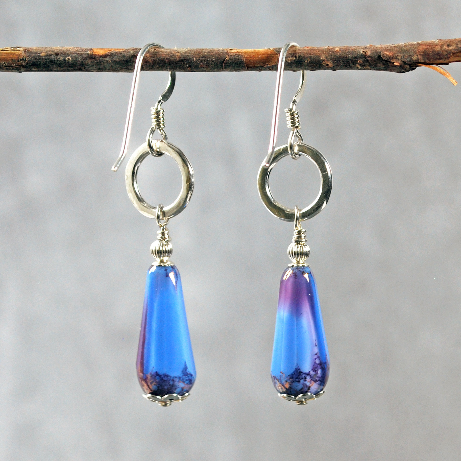 Silver, Blue Czech Glass Drop Earrings