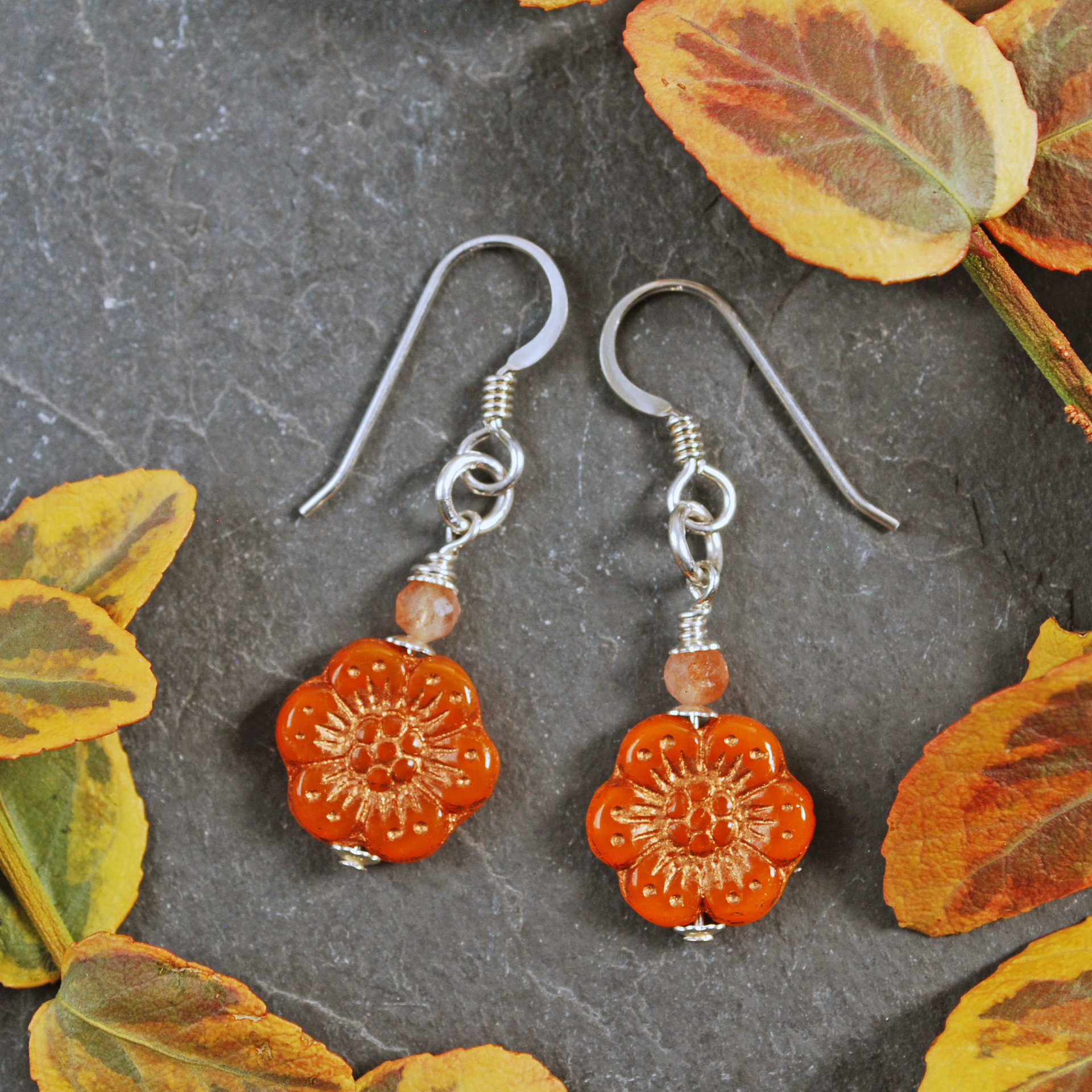 Orange Czech Glass Flower Earrings, Sterling Silver