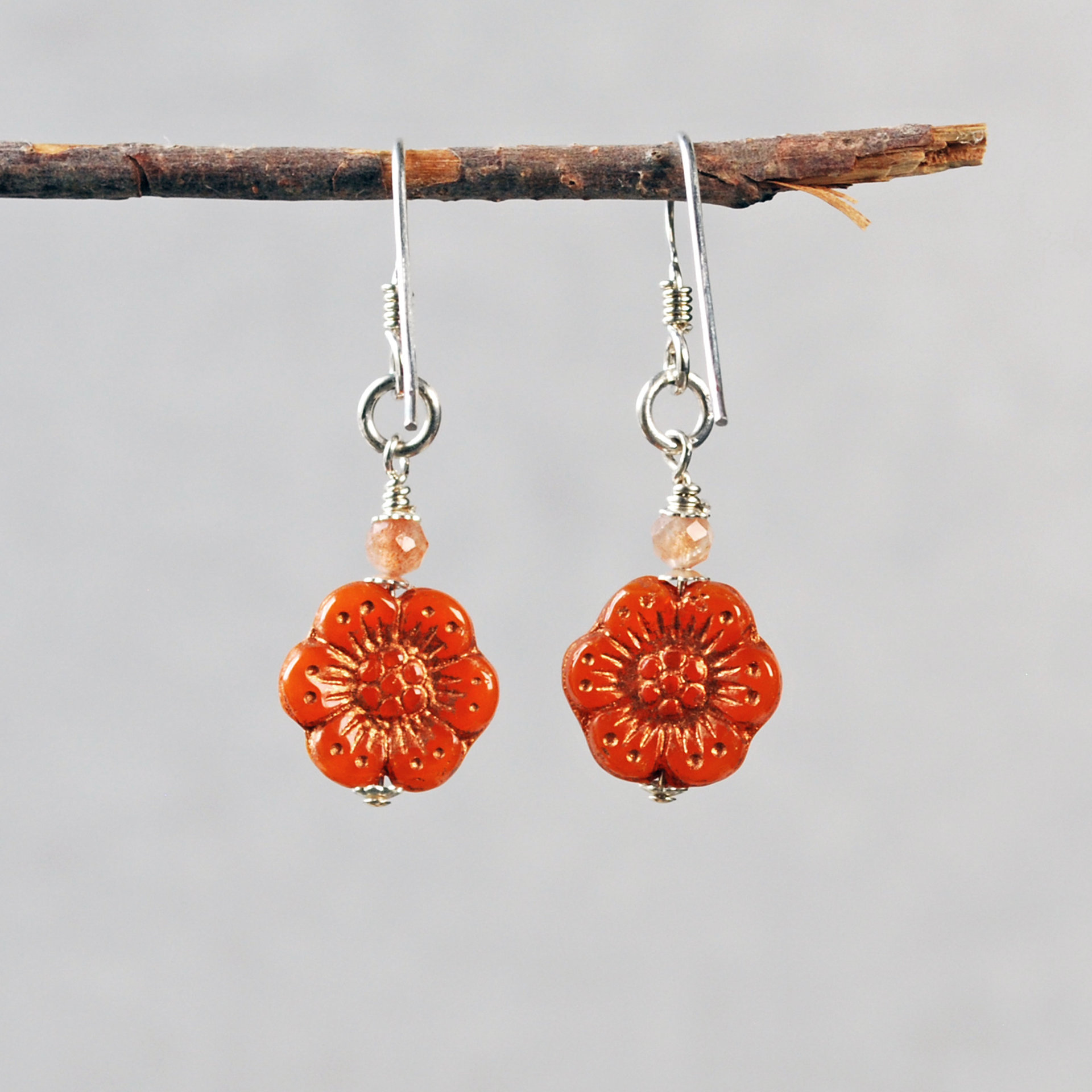 Orange Czech Glass Flower Earrings, Sterling Silver