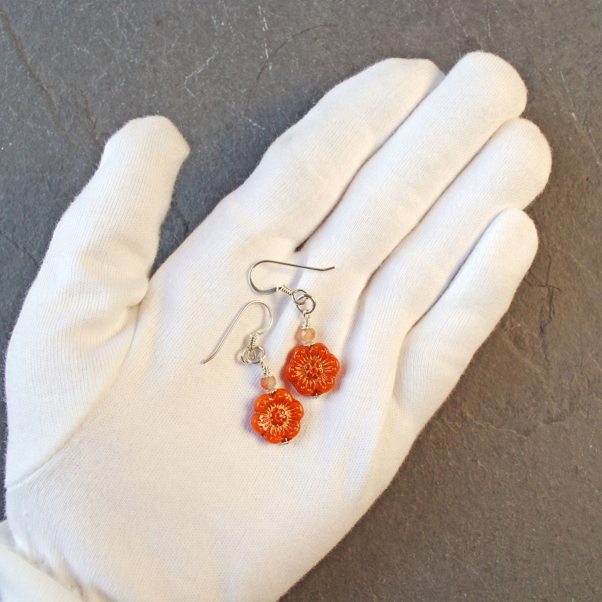 Orange Czech Glass Flower Earrings, Sterling Silver