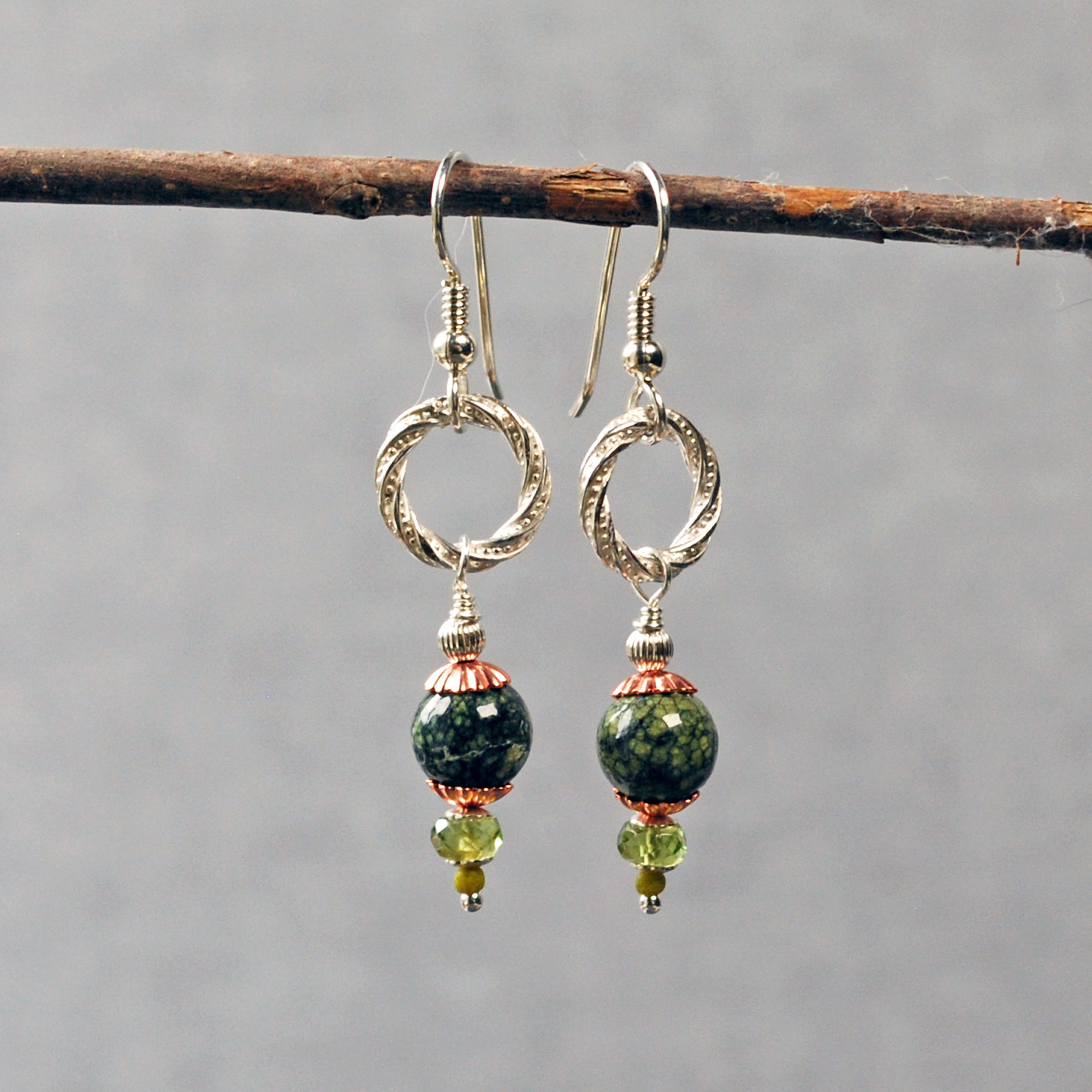 Silver, Serpentine and Peridot Earrings