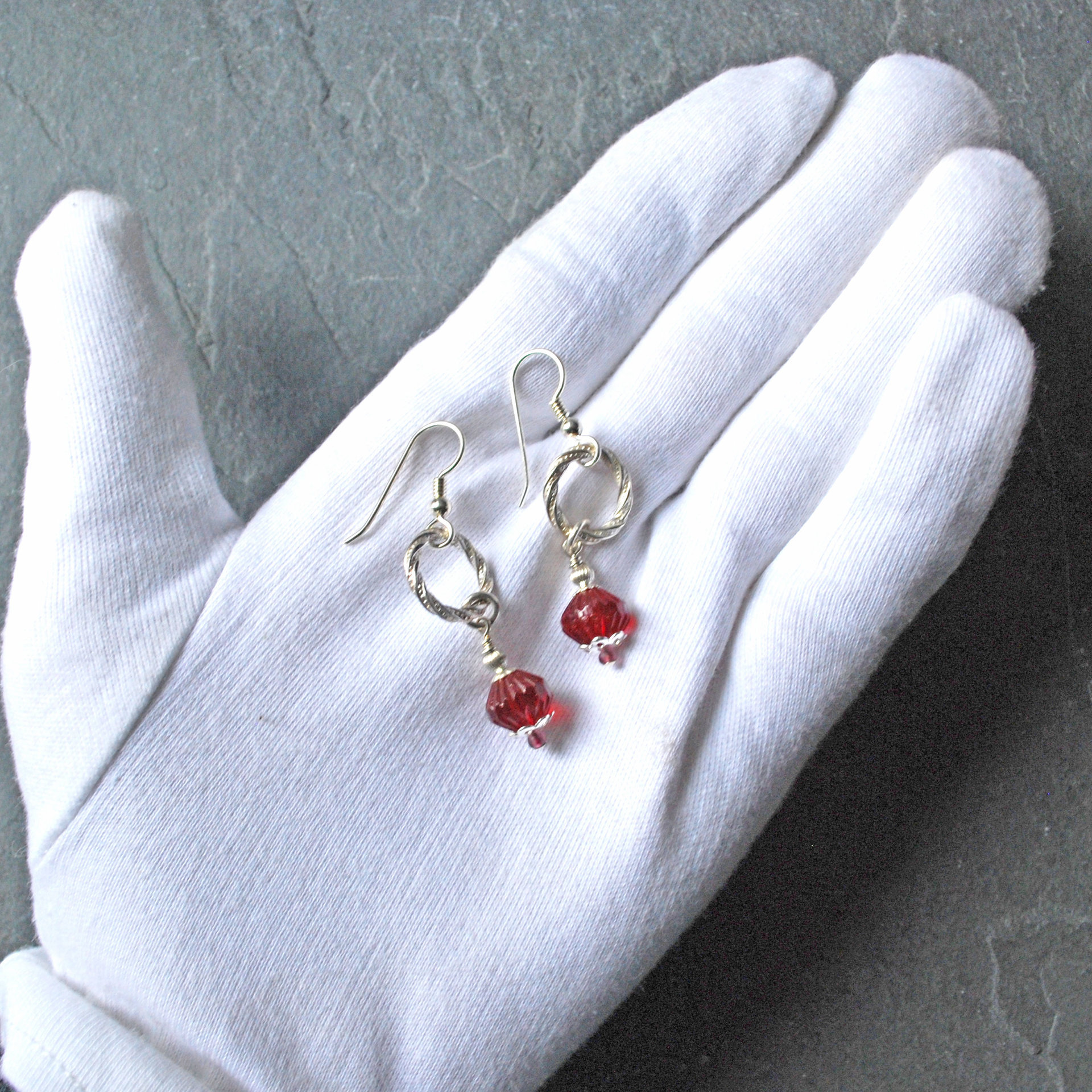 Silver and Red Czech Glass Bead Earrings