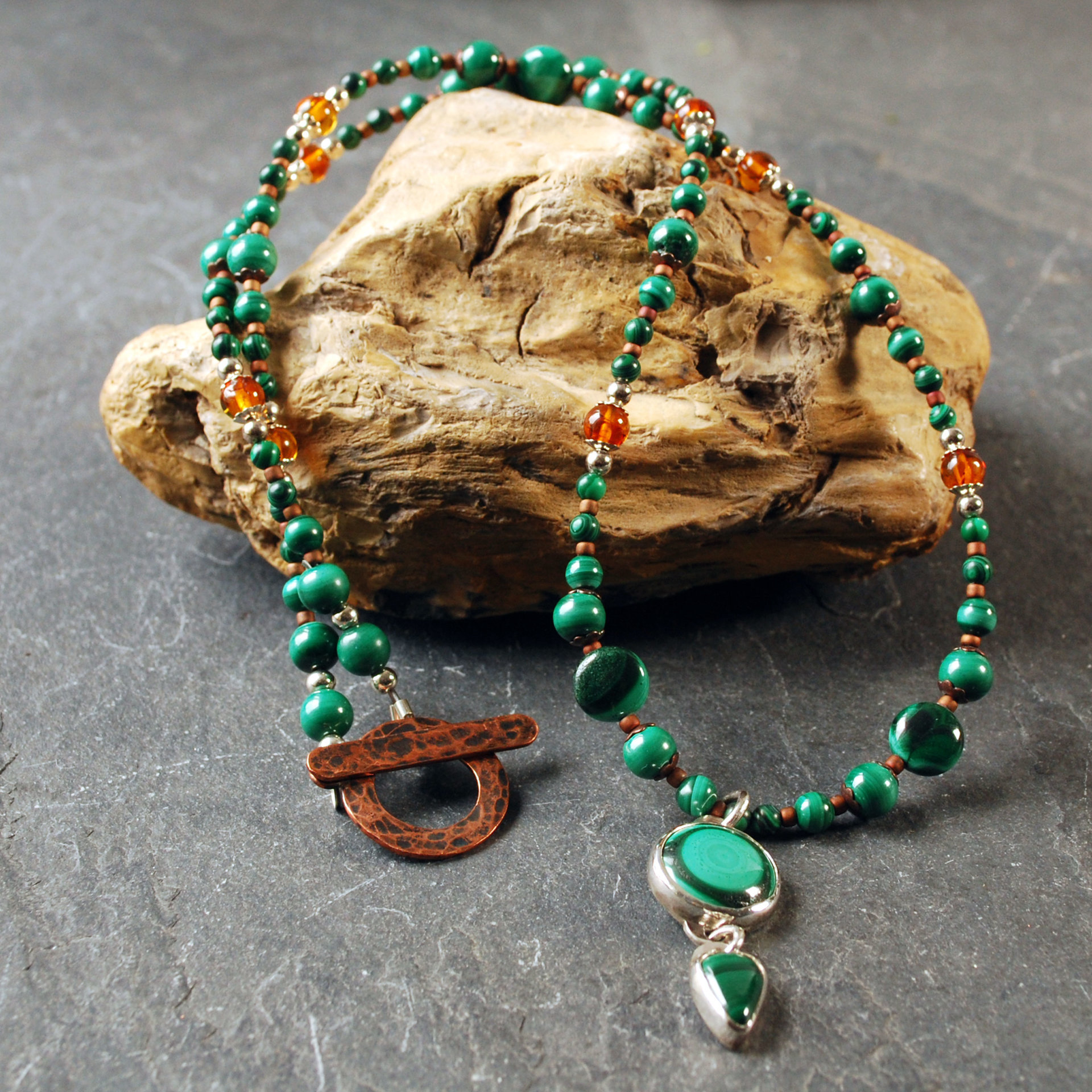 Malachite, Amber, Silver and Copper Necklace