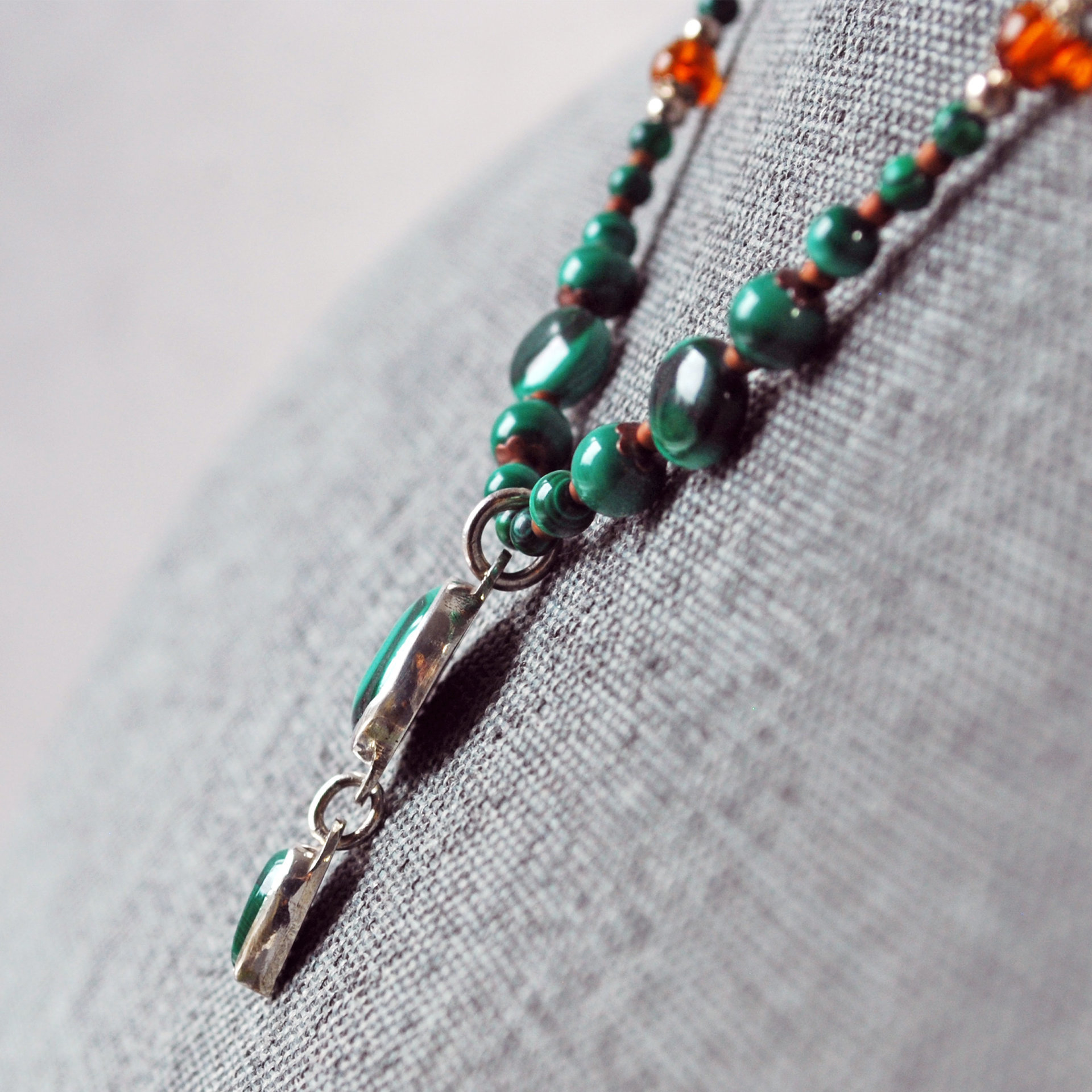 Malachite, Amber, Silver and Copper Necklace