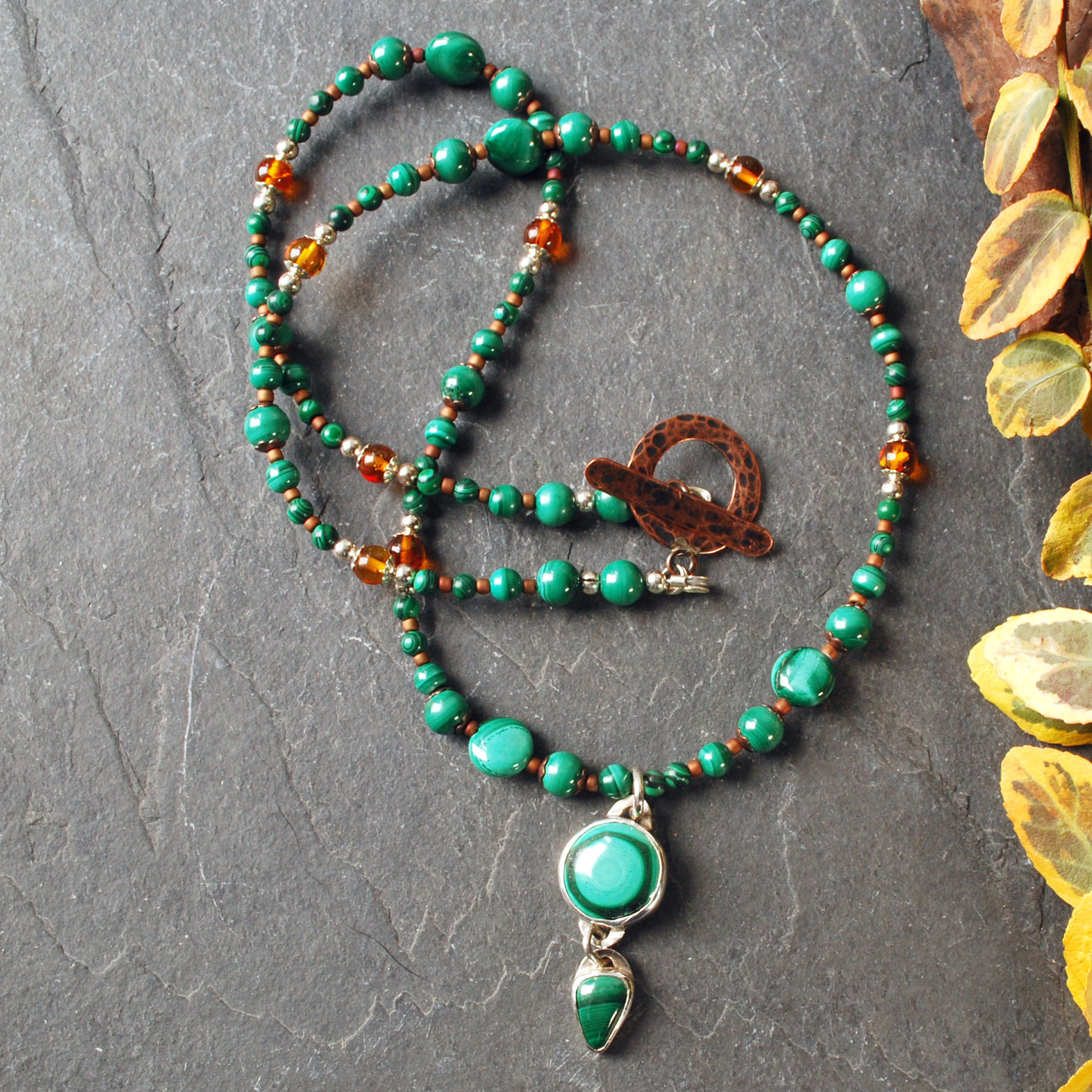 Malachite, Amber, Silver and Copper Necklace