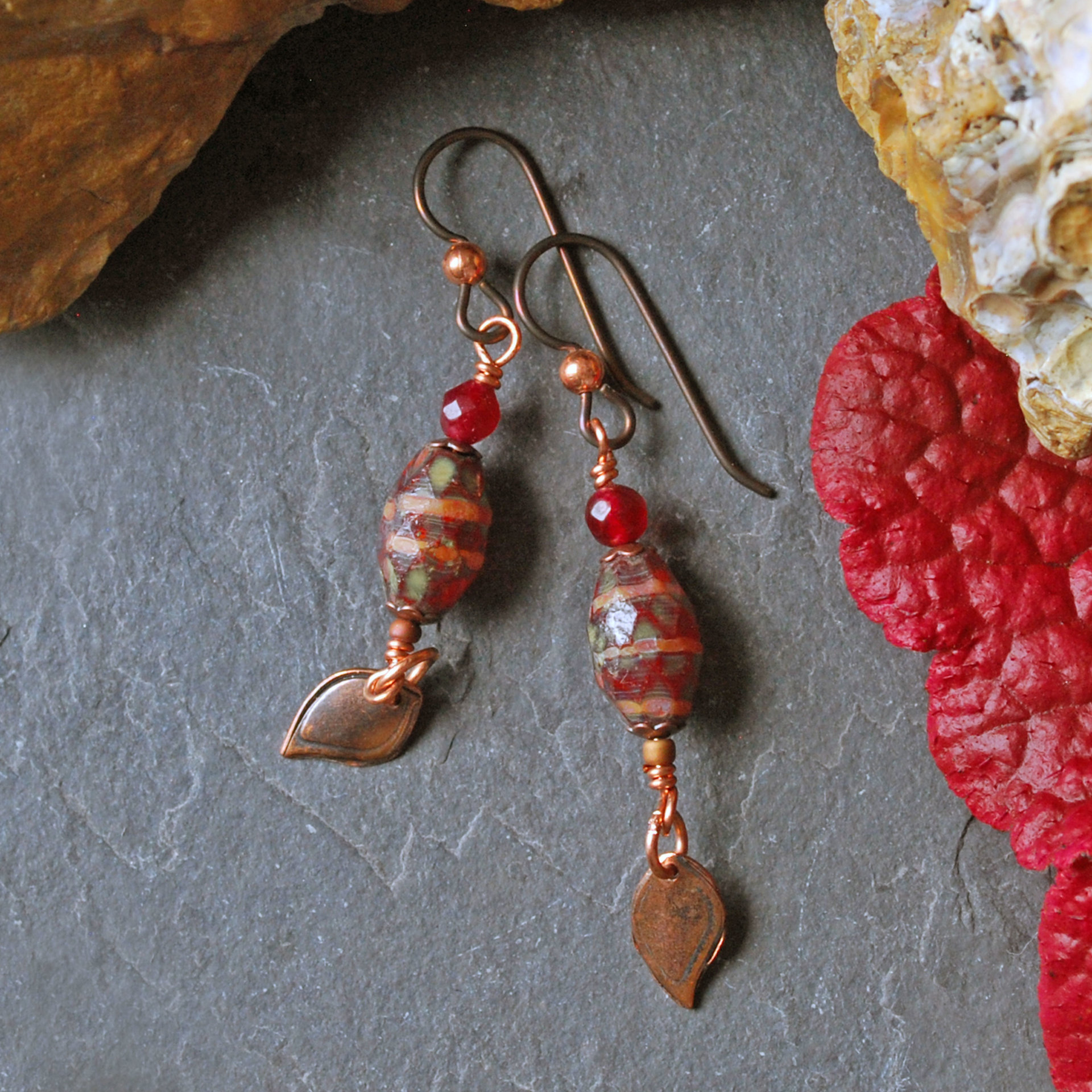 Czech Glass and Garnet Earrings with Copper Leaves