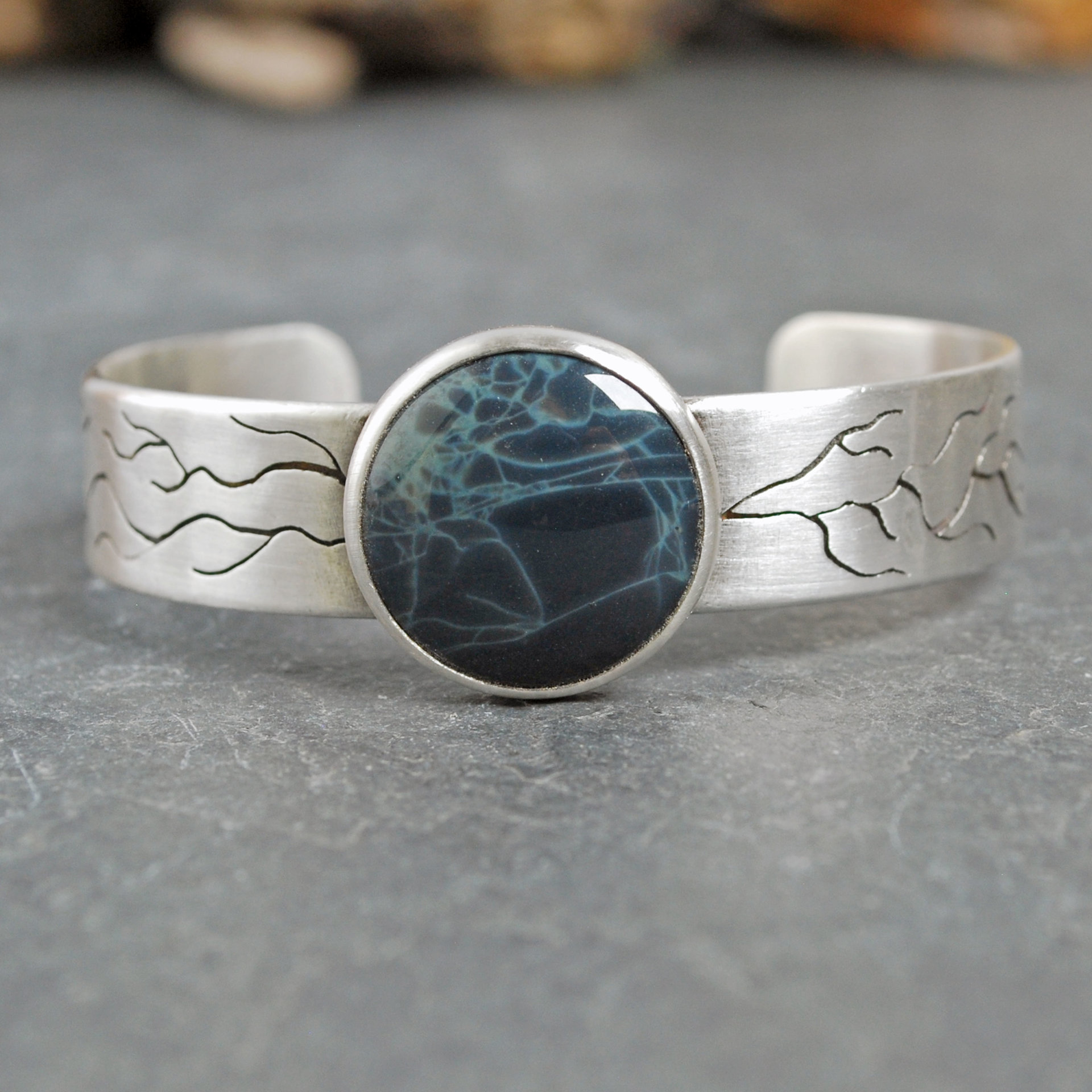 Silver Cuff Bracelet with Spiderweb Obsidian