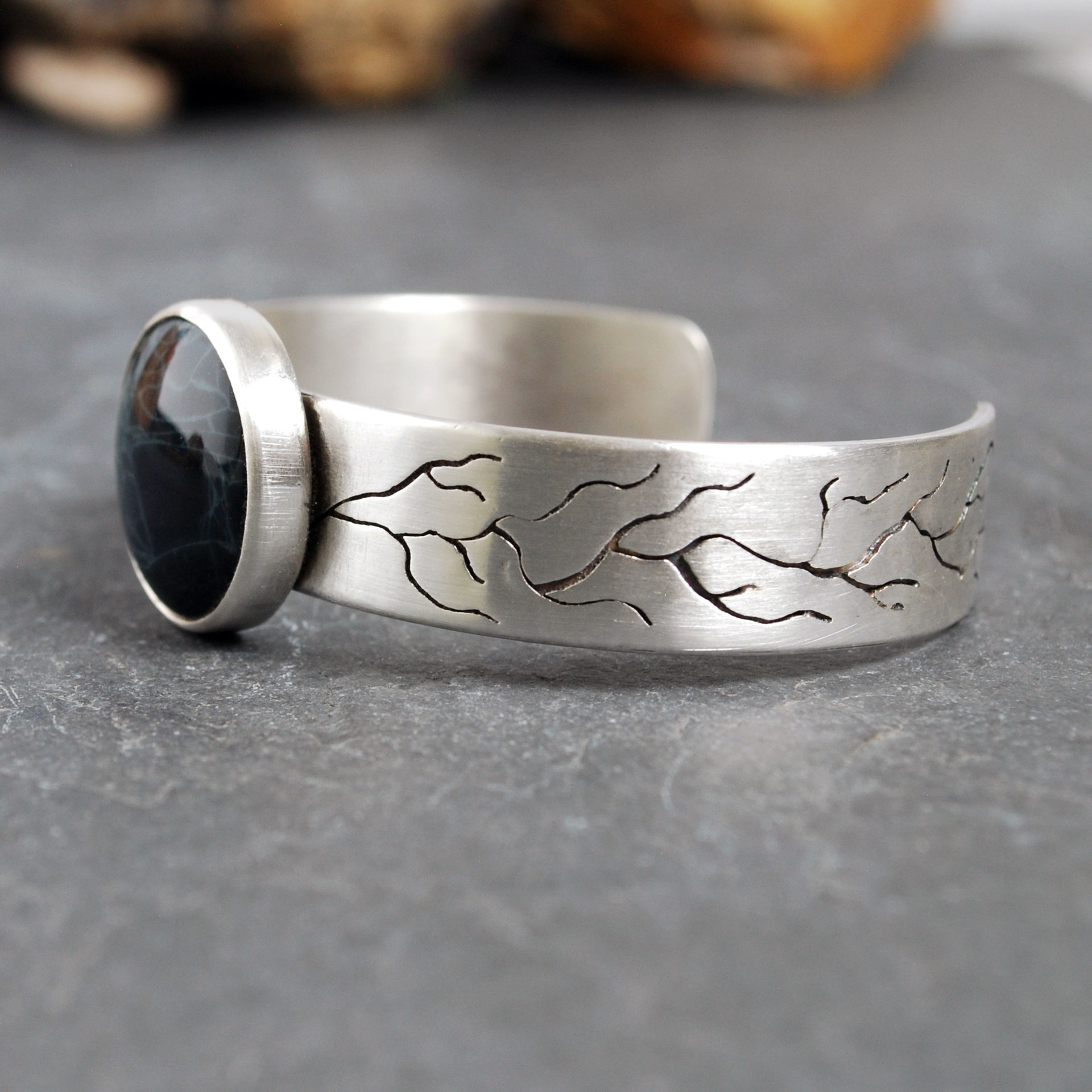Silver Cuff Bracelet with Spiderweb Obsidian