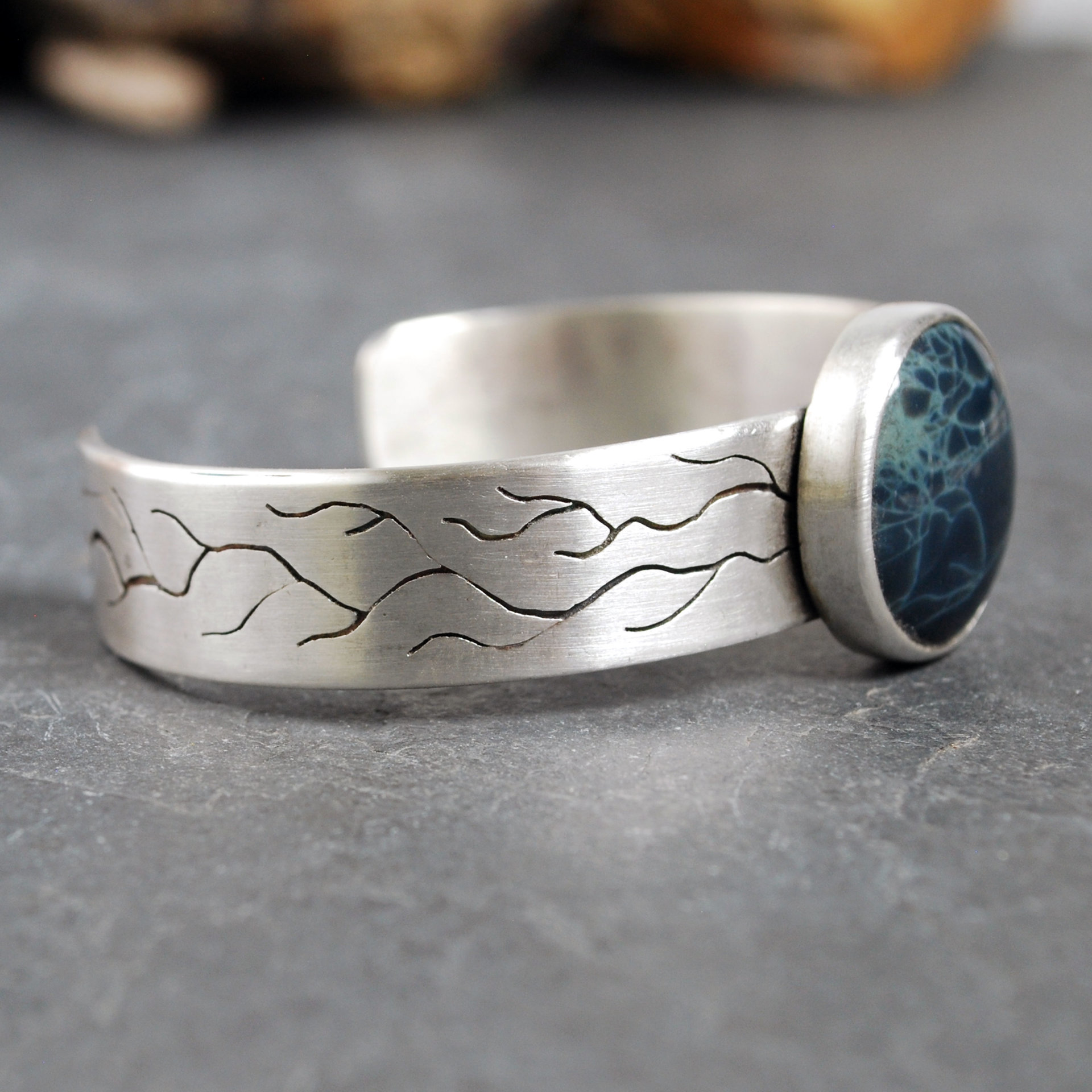 Silver Cuff Bracelet with Spiderweb Obsidian