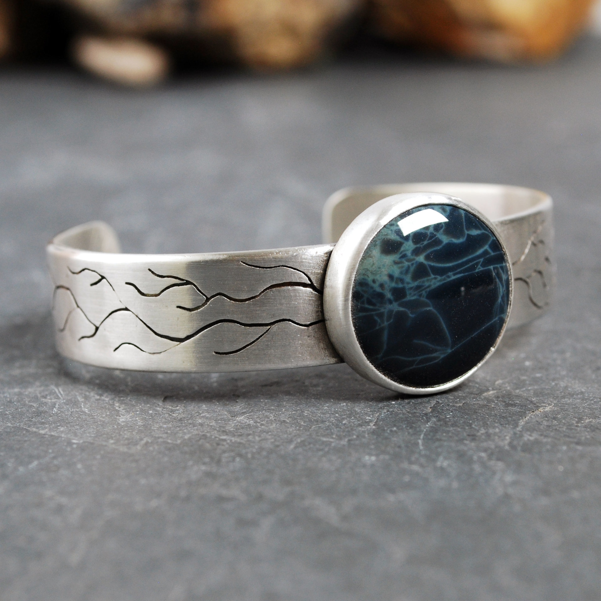 Silver Cuff Bracelet with Spiderweb Obsidian