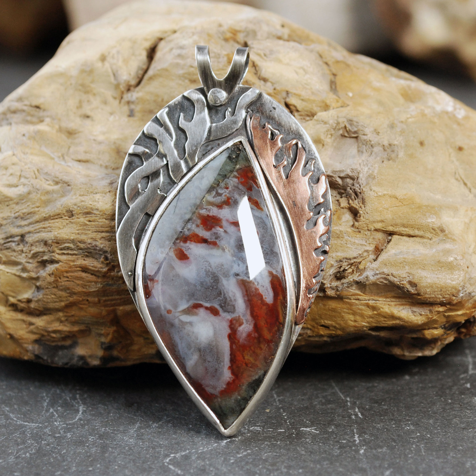Silver Fire and Smoke Pendant with Flame Agate