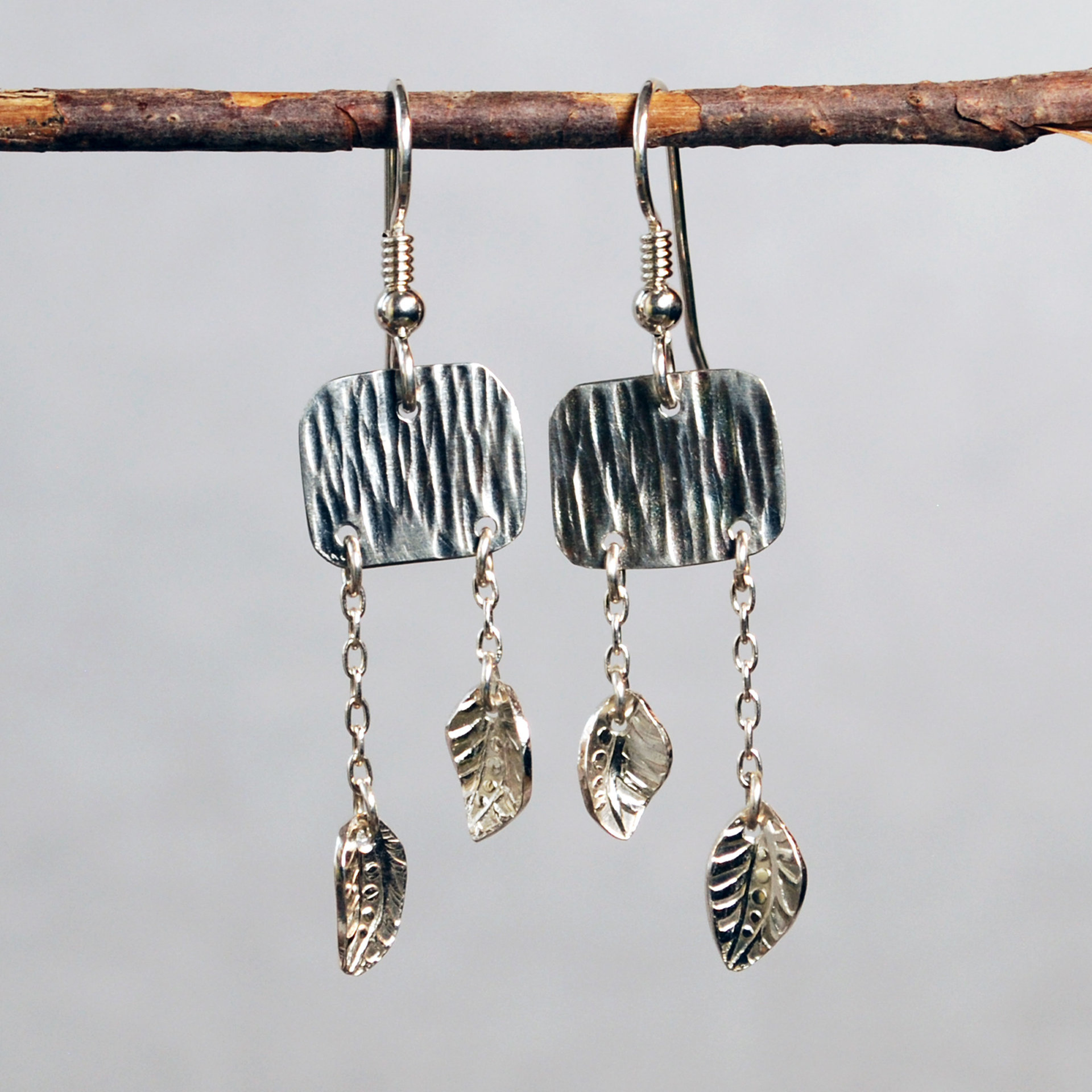 Silver Earrings, with Leave Dangles, Silver Leaves