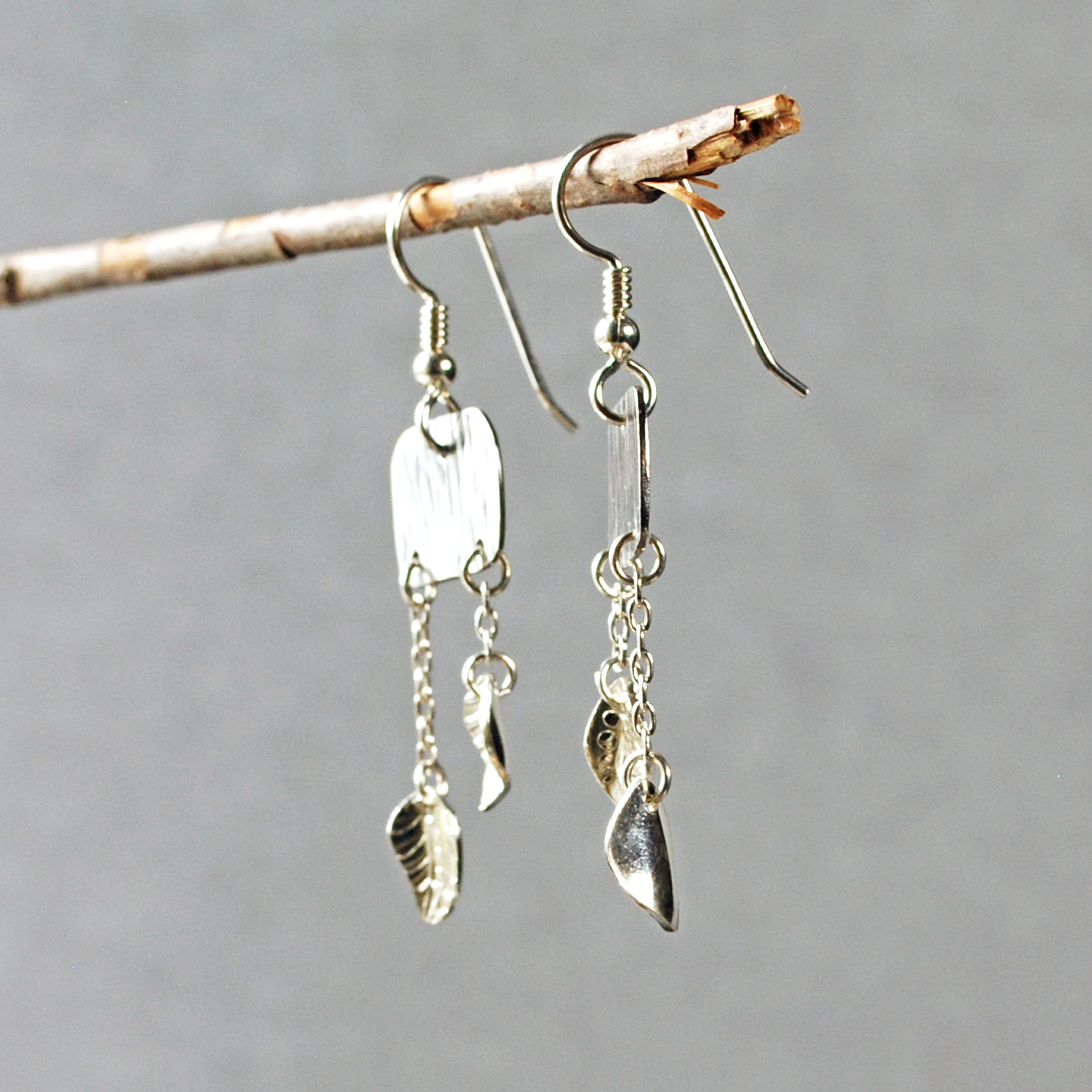 Silver Earrings, with Leave Dangles, Silver Leaves
