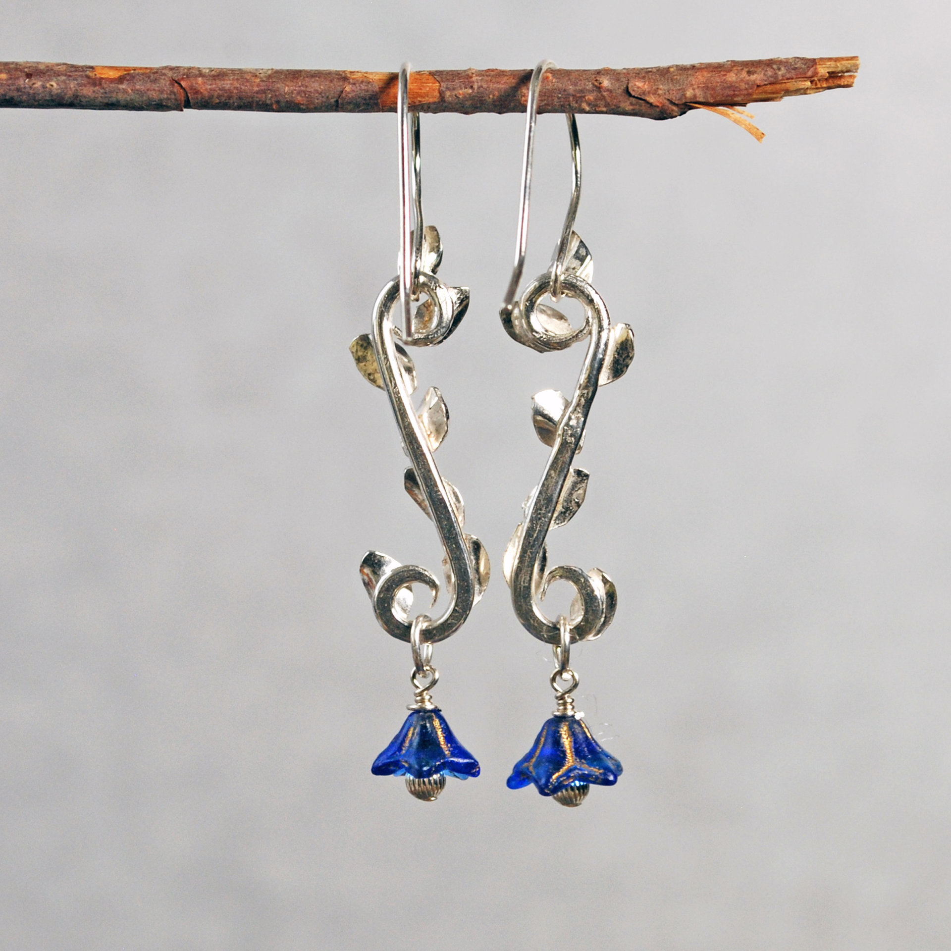 Long Silver Earrings with Leaves, Blue Czech Glass Flowers
