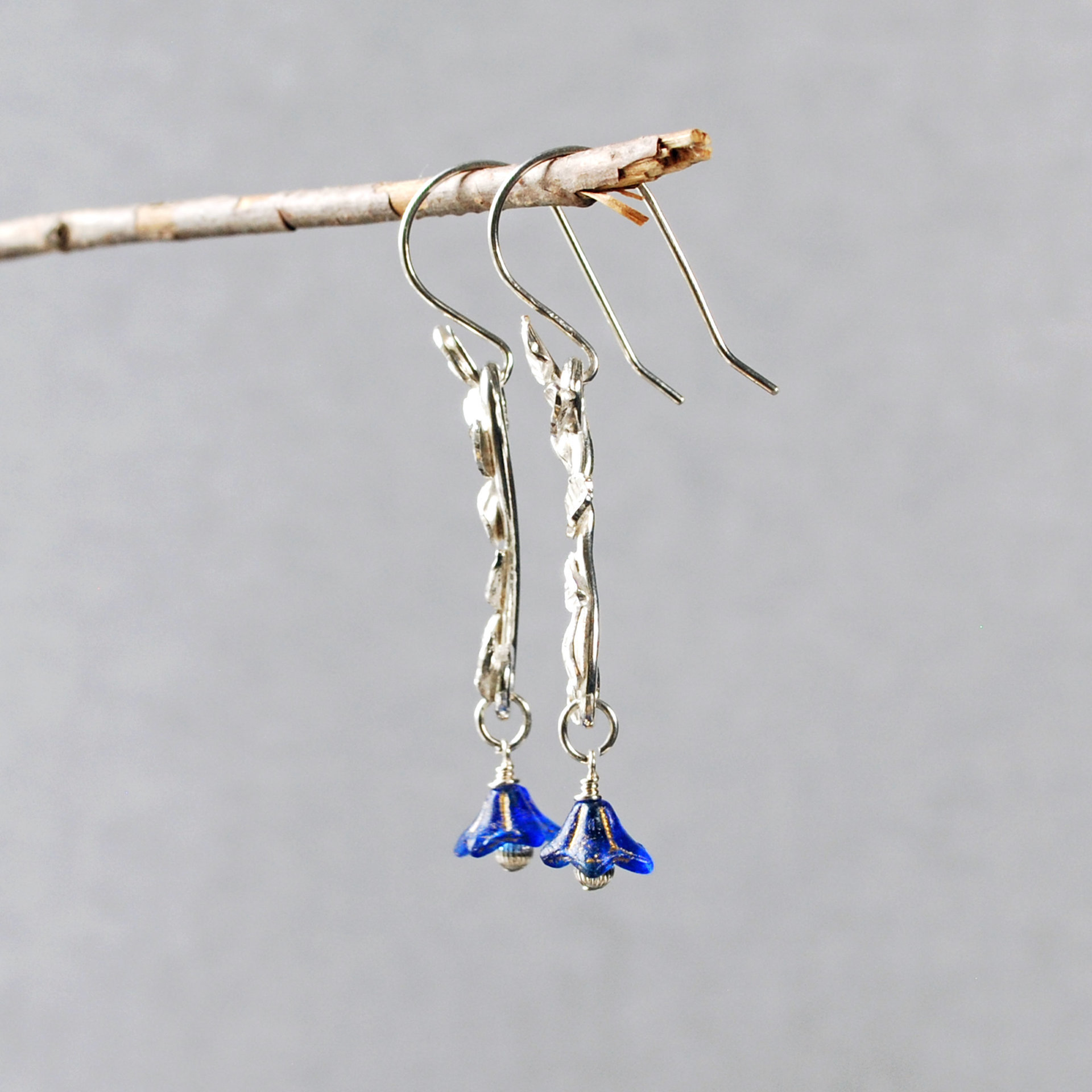 Long Silver Earrings with Leaves, Blue Czech Glass Flowers