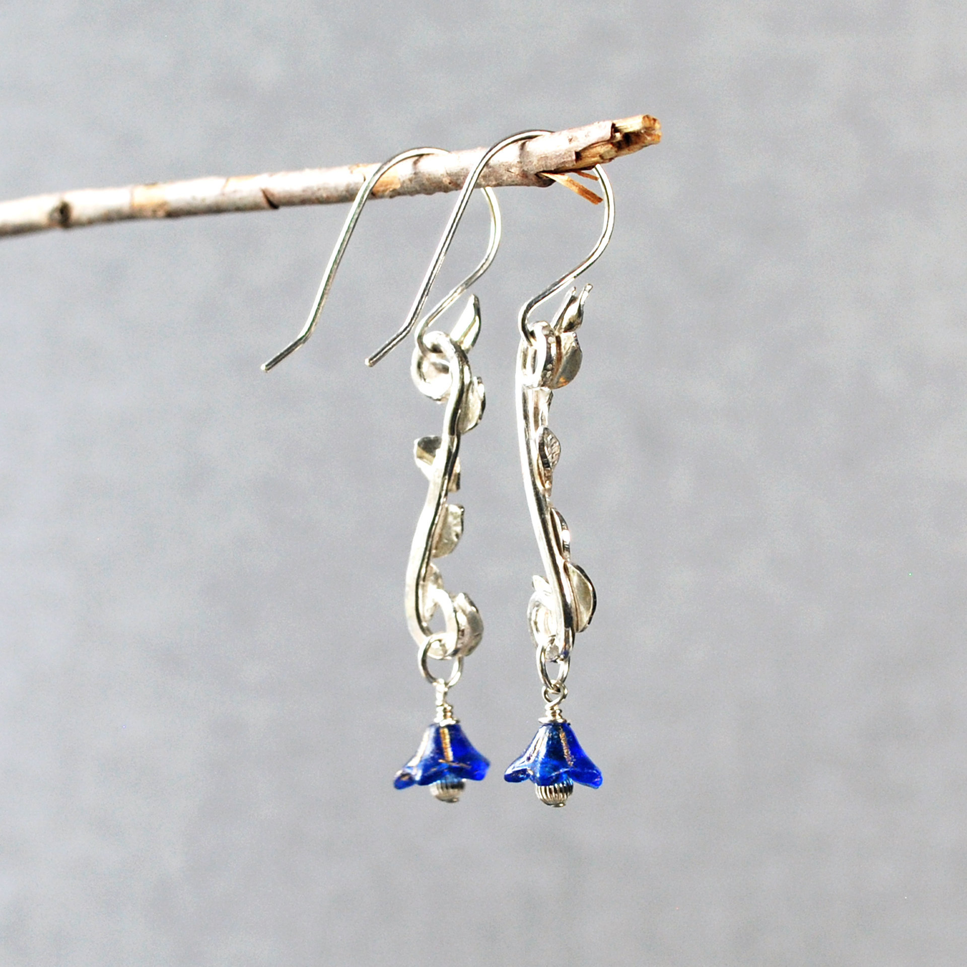 Long Silver Earrings with Leaves, Blue Czech Glass Flowers