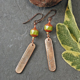 Green Czech Glass Earrings, Copper Leaf Impressed Dangles