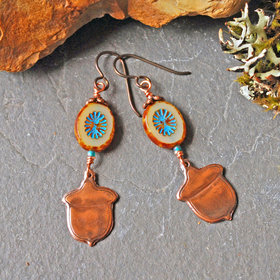 Impressed Copper Acorn Earrings, Czech Glass
