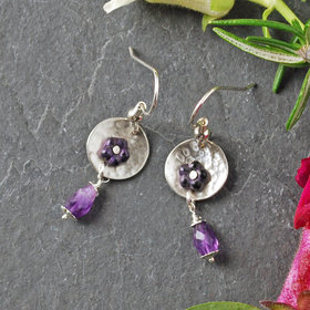 Silver Amethyst Beaded Riveted Earrings