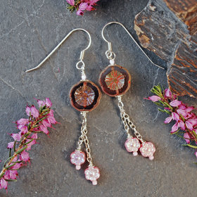 Long Silver and Pink Flower Earrings-Czech Glass 