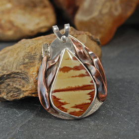 Owyhee Jasper and silver pendant, with copper grass and cattail