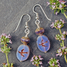 Pale purple Czech glass earrings, swallow embossed flat beads at bottom, topped by faceted rondelle beads