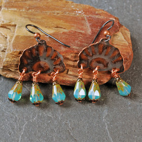 Copper Rising Sun Earrings, Czech Glass Dangles